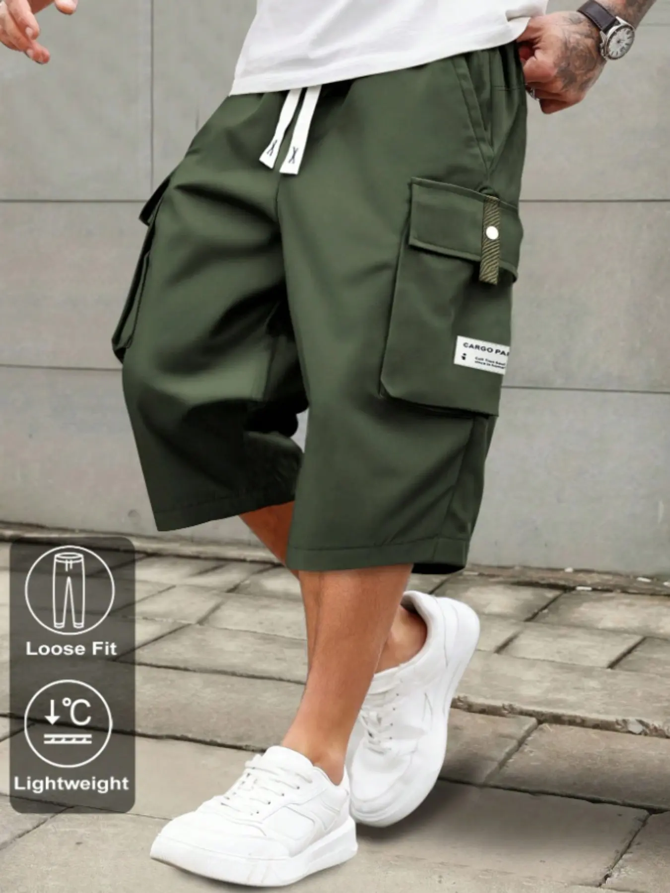 Men's Lightweight Summer Casual Plain Cargo Shorts, Drawstring Mid Waist, Large Pockets, Letter Patch, Comfortable for Daily Wear and Outdoor Activities