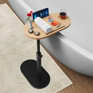Adjustable Bamboo Bathtub Tray Table with Sturdy Base & Thick Metal Bracket, Multi-functional Bathroom Tub Accessories, Can Be Used as Bed Side Desk & Sofa End Table, Ideal Gift for Women Men