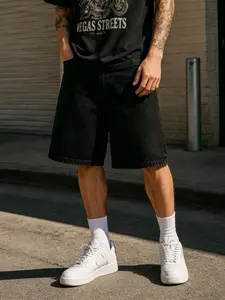 New Daily Casual Mid-Length Denim Shorts, Loose Fit Straight-Leg Knee-Length, Versatile Style, All Seasons, Unlined, Plain Surface
