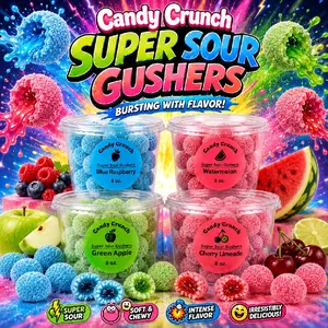 Super Sour Gushers 8oz. New Virtual Candy- Blue Raspberry, Watermelon, Green Apple, Cherry Limeade- Snack Sweet