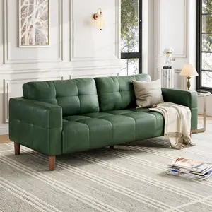 Green/White 83 Inch Wide 3-Seater Modern Faux Leather Sofa Couch with Supportive Spring Cushion Cozy Deep Seats and 2 Removable Back Cushions Stylish Home Furniture for Living Room Bedroom Apartment Office