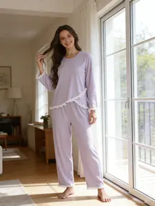 Women's Comfortable Soft Breathable Contrast Lace Sleepwear Loungewear Set, Long Sleeve Loose Fit Pajamas, Elegant Home Clothing, Plain Pattern, Casual Wear