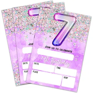 7Th Birthday Invitation Cards, Holographic Balloons Double-Sided Fill In Style Birthday Invites With Envelopes, Glitter Purple 7 Years Old Invitations For Girls, Teen, Party Favor & Supplies - A09