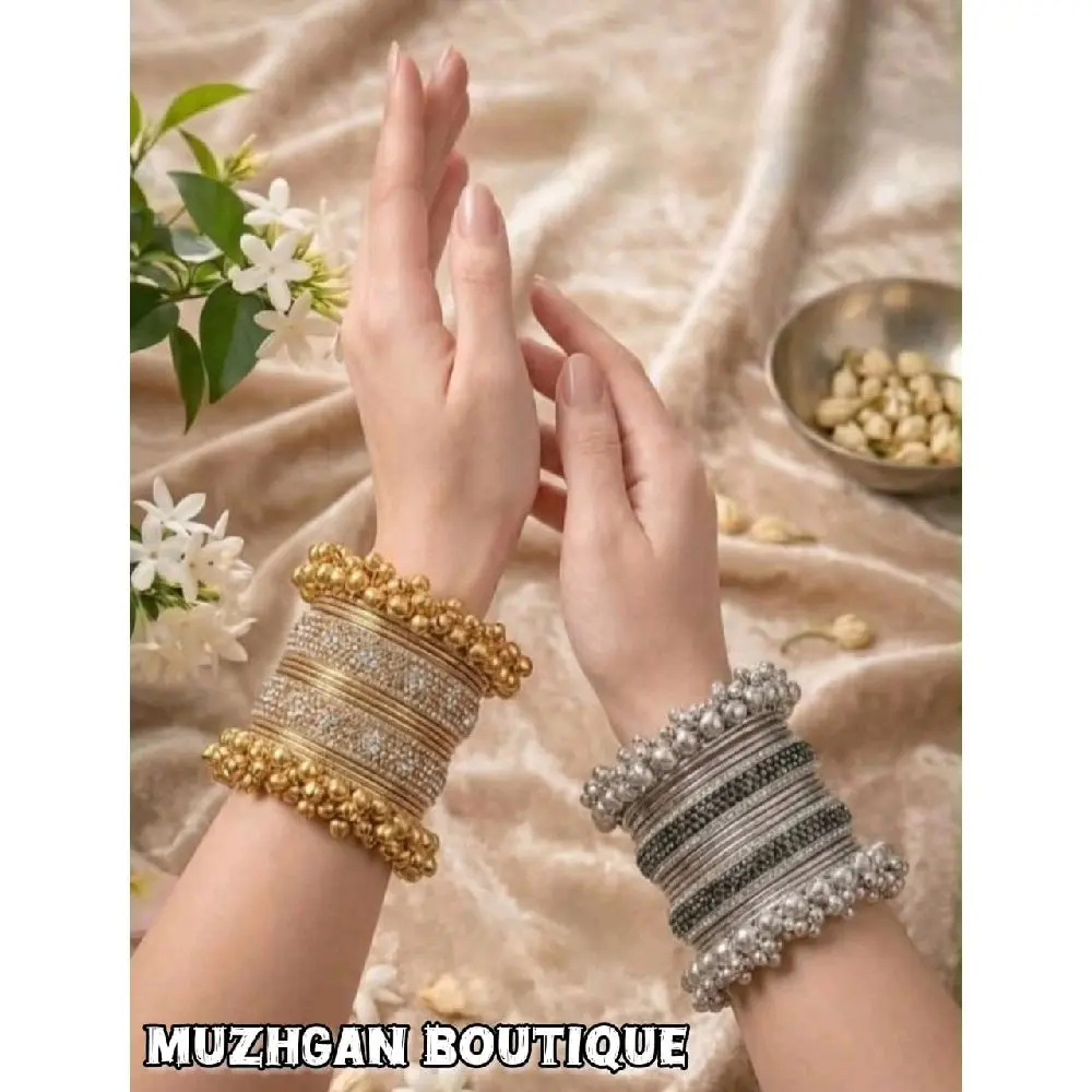 Luxury Stone-Studded Metal Bangles Set - Traditional Jewelry - Afghan Chic Boutique