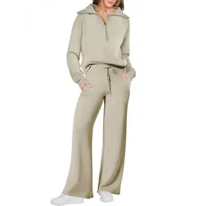 Women's fashion two-piece set with half zipper sweatshirt and wide leg pants, drawstring women's clothing