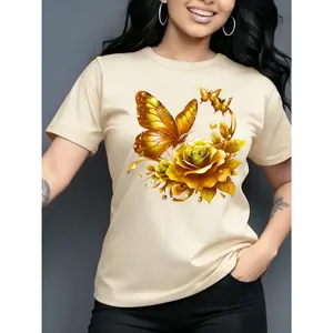100% cotton women's T-shirt, purple rose and butterfly print - short-sleeved, round-neck casual top, suitable for spring and summer, ideal birthday or holiday gift, butterfly shirt.