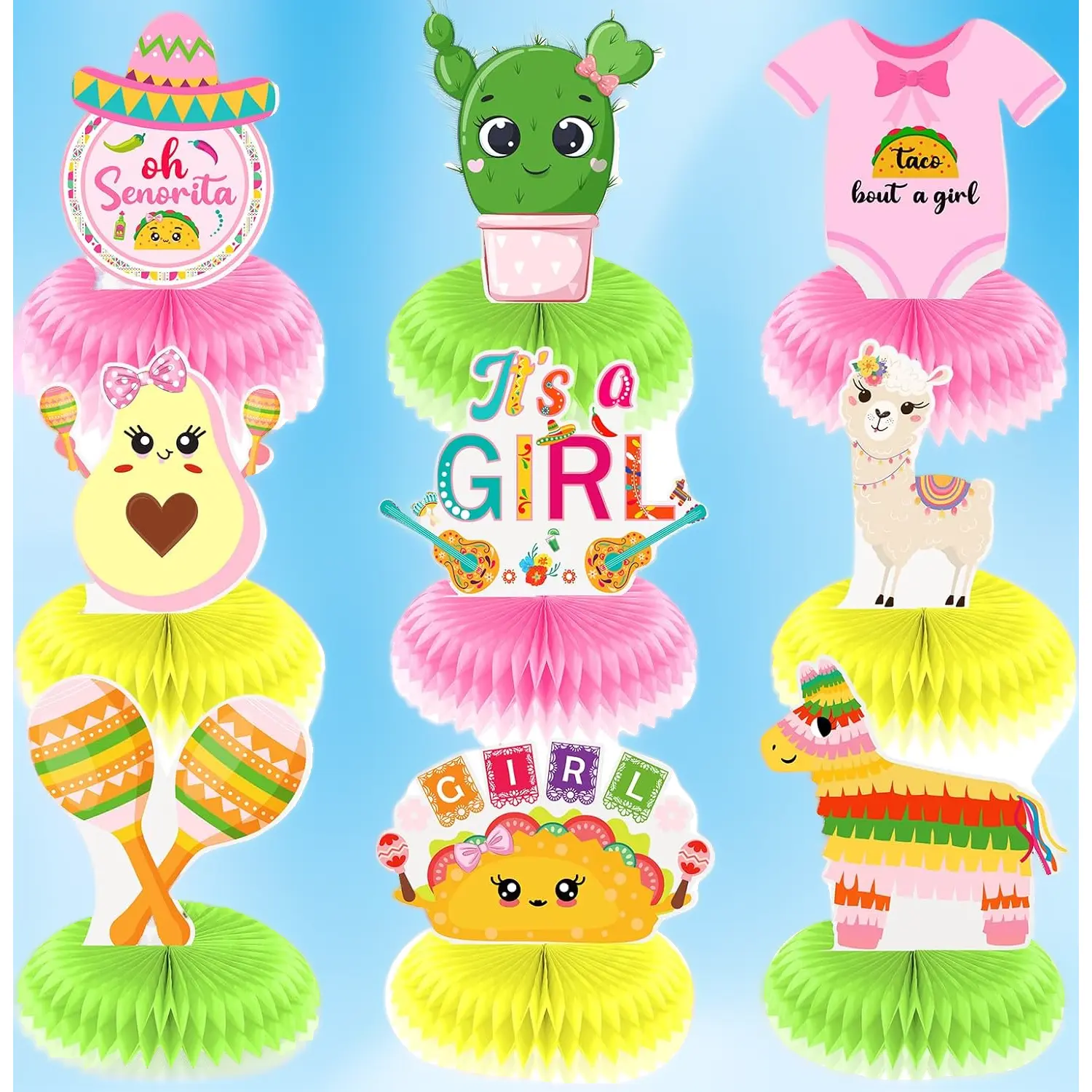 9Pcs Pink Llama & Cactus Honeycomb Centerpieces – Mexican Fiesta "Taco Bout A Baby" Gender Reveal & Baby Shower Decor for Oh Senorita Theme