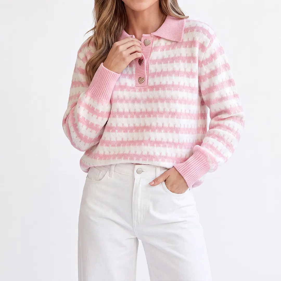 Shewin Women's Striped Polo Knit Pullover Sweater, Casual Oversized Long Sleeve Top with Heart Buttons, Sporty, Fit, Comfortable, Longsleeves