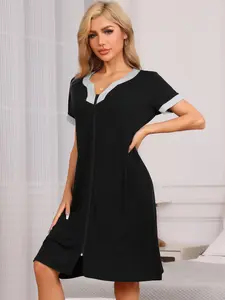 INSPIRE CHIC Women's Zipper Front Nightgown Short Sleeves Robe Zip Up Sleepwear Short Loungewear with Pockets