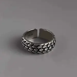 Men's Distressed Reverse Scale Silver Open Adjustable Ring, Dark Aesthetic Stacking Ring, Fashion Jewelry Accessory, Dark Aesthetic Rings