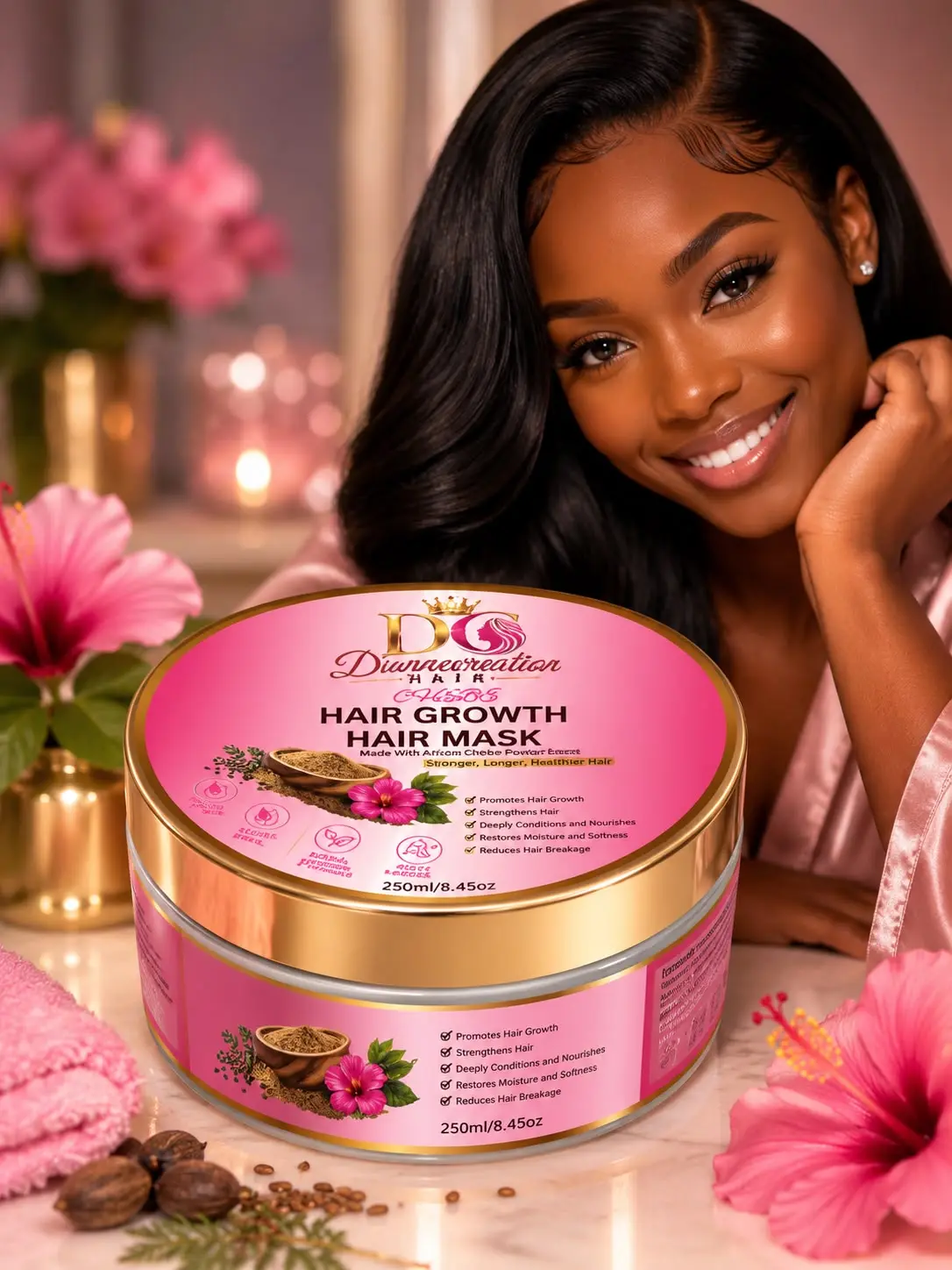 Diannecreation Hair Growth Hair Mask with African Chebe Powder Extract & Hibiscus – Deep Conditioning Formula – 8.45 oz (250 mL)