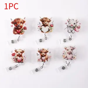 Cute Highland Cow Badge Reels with Retractable Structure & Transparent Card Holder, Fun Style for Hanging ID Cards, Set of 6 Designs, Badge Decoration