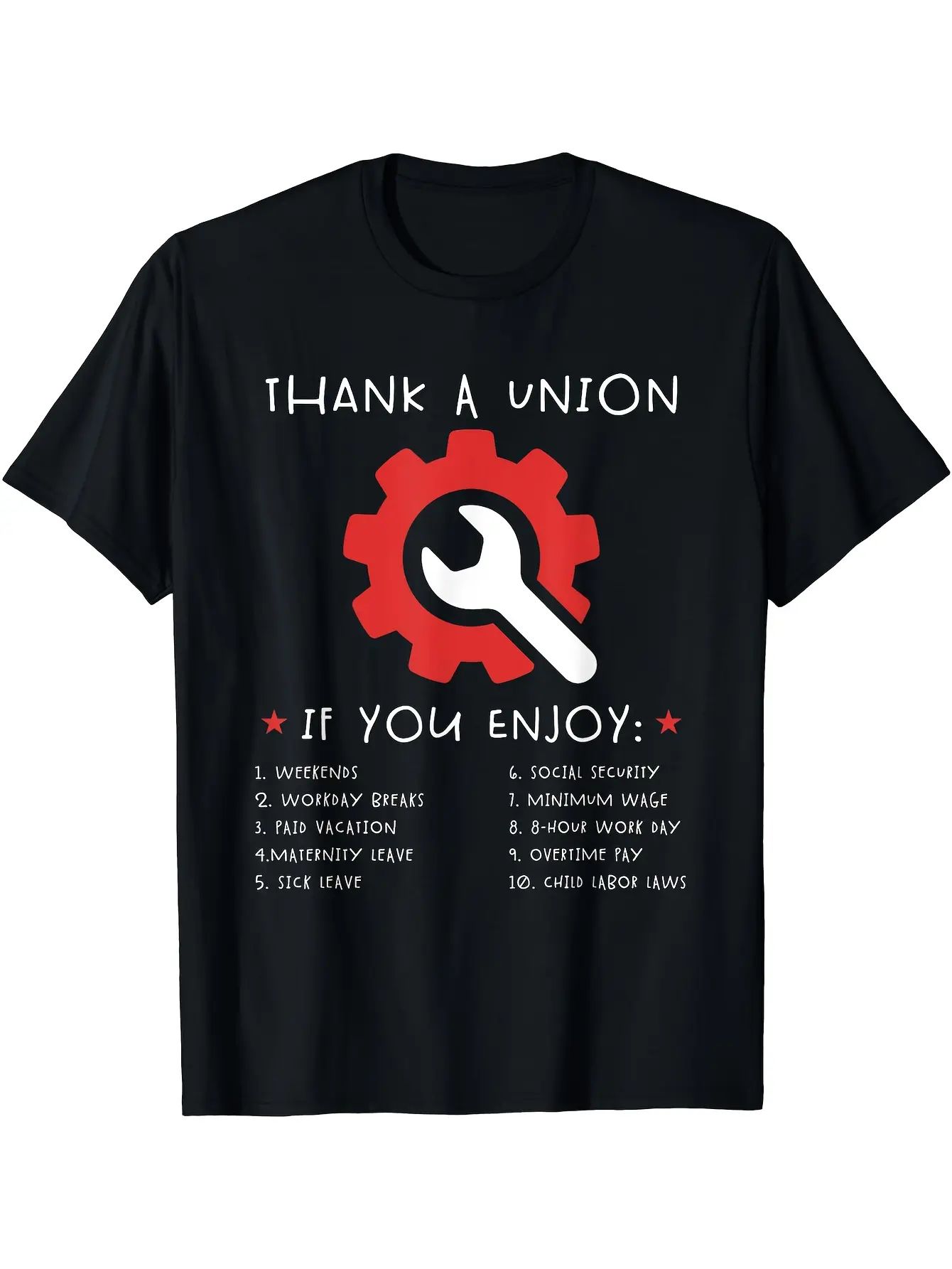 Labor Day Appreciation Union T-Shirt-Union Powerful Funny Pattern Design, Black with Red Gear Pattern-Soft Breathable Cotton Round Neck T-Shirt for Workers and Union Members-Machine Washable Labor Day Parade, Strike Supp