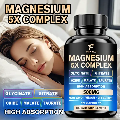 FULIMIKS Chelated Magnesium Complex Supplement Bottle - Absorbent Glycinate, Citrate, Malate, Taurate, Oxide Blend, Vegan, Non-GMO, Edible, for Bone Support, Muscle Cramps, Recovery After Activity, Energy Boost, 120 Capsules