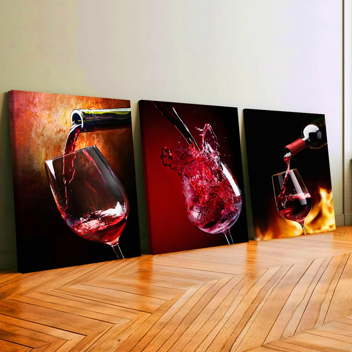 3Pcs Wooden-Framed Canvas Print Wall Art - Elegant Wine Theme with Red Wine Glasses & Glass Bottles, Odorless Home Decor for Living Room, Bedroom
