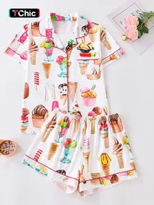 Women's Ice Cream Print Short Sleeve Shirt & Shorts Pyjama Two-piece Set, Casual Comfy Round Neck Top & Shorts PJ Set, Ladies Sleepwear for All Seasons, Loungewear, Pajama Sets, Womenswear