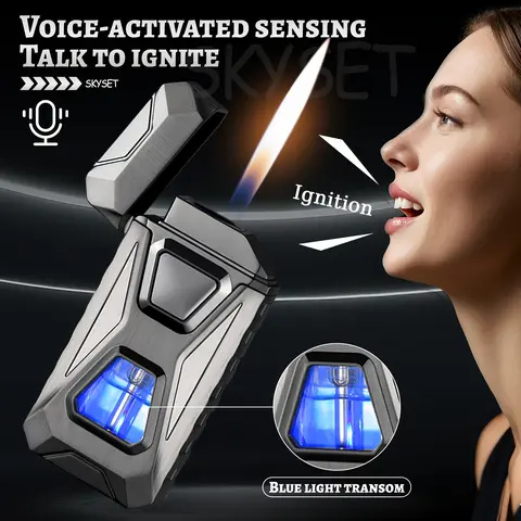 Rechargeable Type-C Stainless Steel Windproof Men's Lighter, Voice-Control Start, Talk-to-Ignite, Intelligent Ignition, Fast Charging, Blue LED, Antimicrobial, Corrosive Resistant, Automatic Power Off, Portable USB Electronic Lighter, Gift-Boxed Accessory