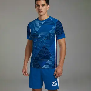 French Style Soccer Jersey Set Men's Navy Blue Football Kit, Modern Geometric Graphic Training Uniform 2-Piece S-XXL