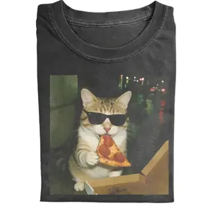 Vintage Cool Cat Pizza Comfort Colors Shirt, Funny Cat Eating Pizza Graphic Tee, Retro Street Style Meme T-Shirt, Unisex Aesthetic Pizza Lover Gift for Men & Women