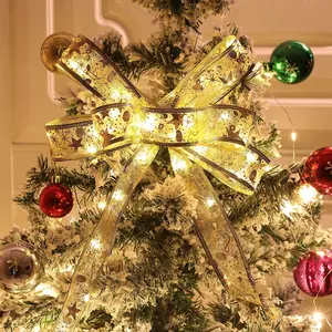 Christmas Ribbon Lights, 33ft 100 LED Tree Silver Lights,Battery Powered Double Layer Copper Wire Ribbon-Bows Fairy Strings Lights for Weddings New Year Christmas-Decor|Warm White