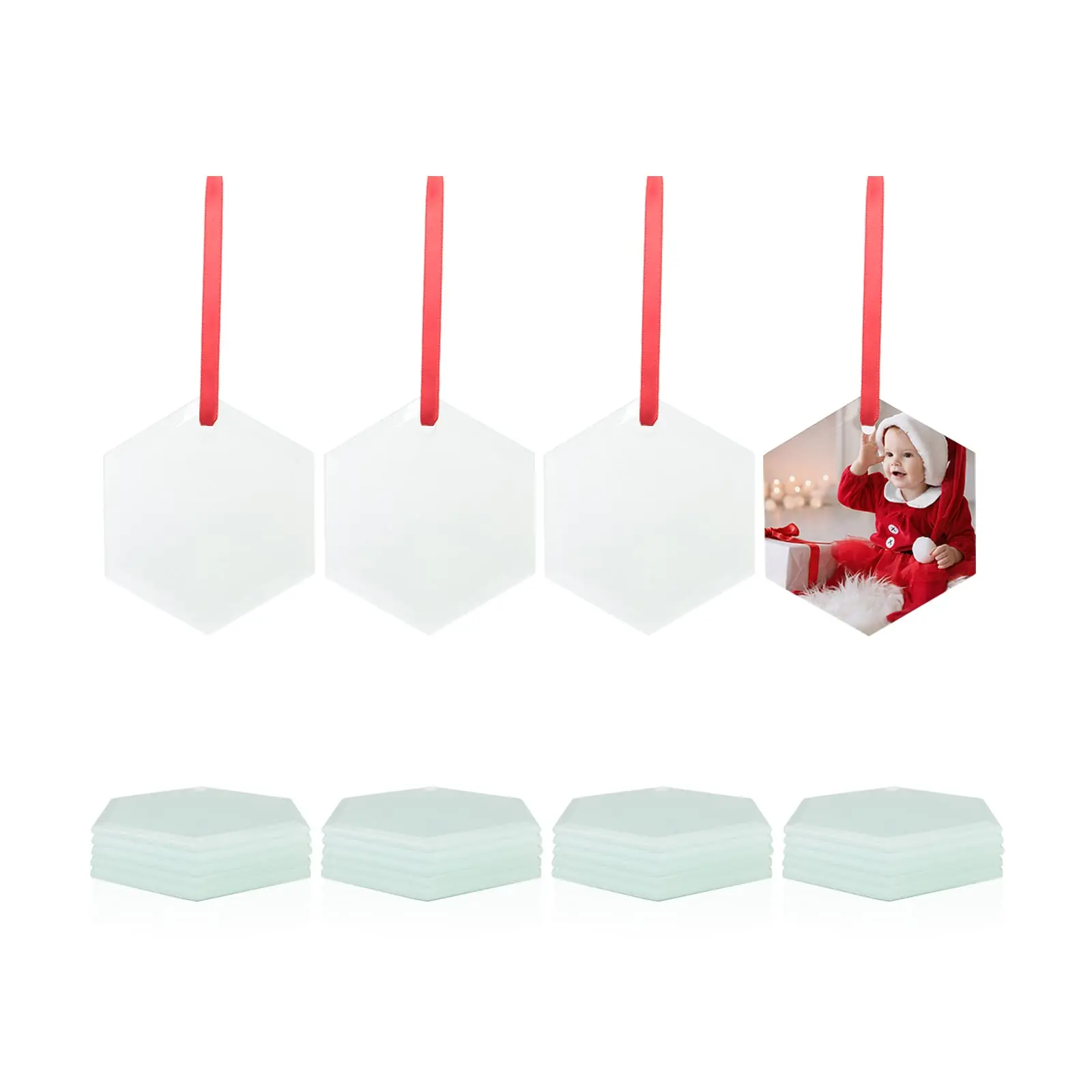 PYD Life 24 PCS Sublimation Ornament Blanks Glass 3 Inch Hexagon Ornament with Red Ribbon for DIY Crafting Personalized Home Christmas Decor Bulk