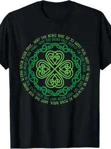 Irish Blessing Celtic Knot & 4-Leaf Clover T-Shirt - Retro Irish Luck with Symbol, Round Neck Casual Tee Suitable for Day Gifts, Year-Round Wear