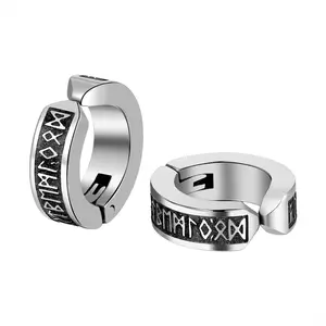 OIDEA Men's Viking Rune Back Clip Huggie Earrings, Non-Pierced Stainless Steel Nordic Mythology Amulet, Silver-Tone Hoop Earrings Pair, Back Clip Earrings