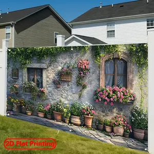 2D Flat,1pc 2D Large Polyester Garage Door Banner-Large flower pot Theme design party banner - Versatile Decor for Holidays, Yards, Studios, Homes & Garden Celebrations, Outdoor Backdrop for Parties, Outdoor Decorations.
