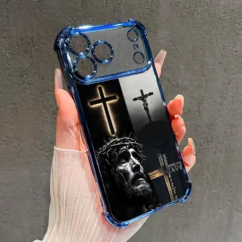 4-Corner Airbag Drop-Proof Electroplated Protective Cellphone Case with Faith-Inspired Pattern, Handheld Devices Casing for iPhone 17 Pro Max, 16 Plus, 16, 15 Plus, Air, 14, 13, 12, 11, E Mobile Phone Accessories