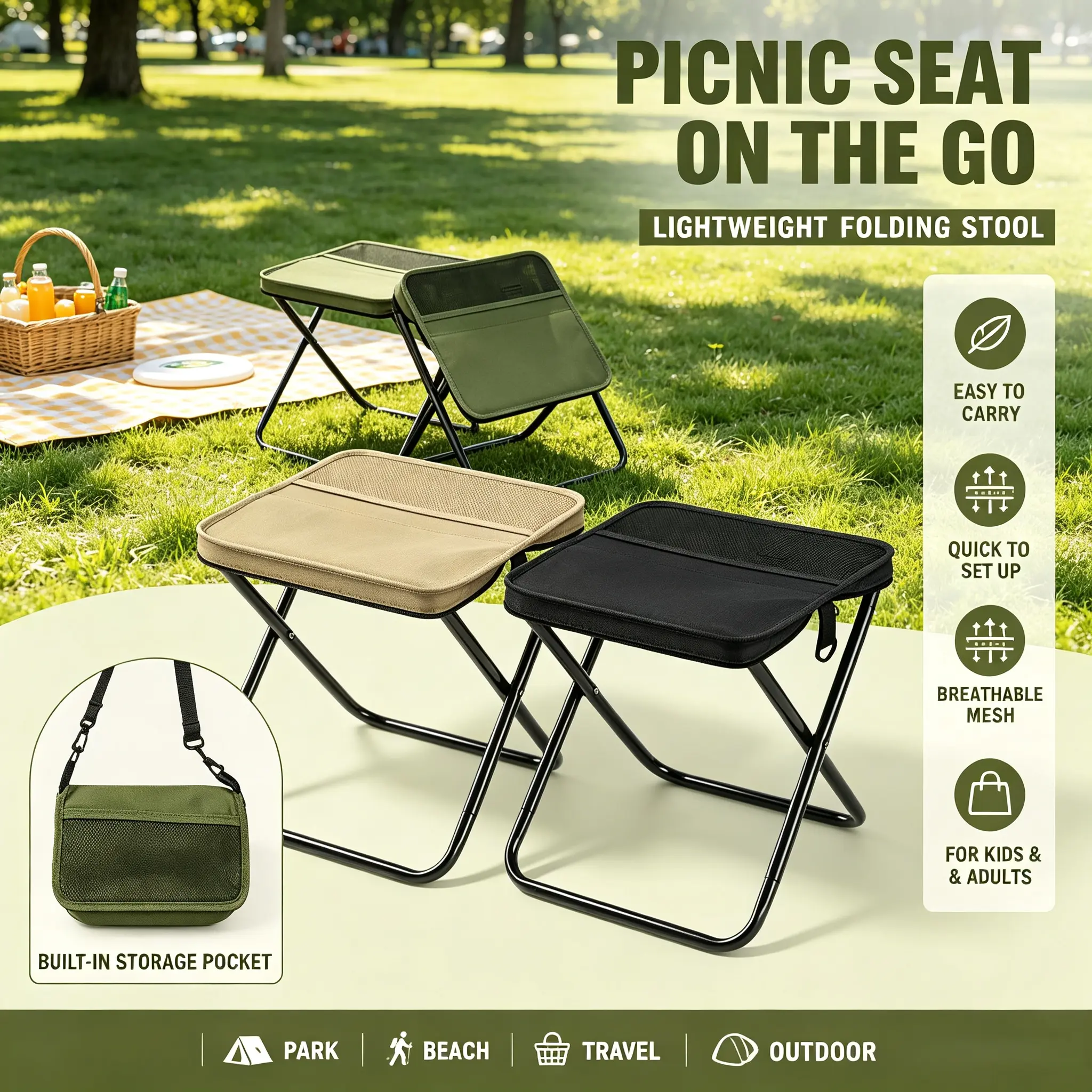 1/2-Pc Aluminum Alloy Foldable Camping Stool - Lightweight Compact, 150kg High Load Bearing, Anti-Tipping Stable, Folded Pack for Hiking, Outdoor Events