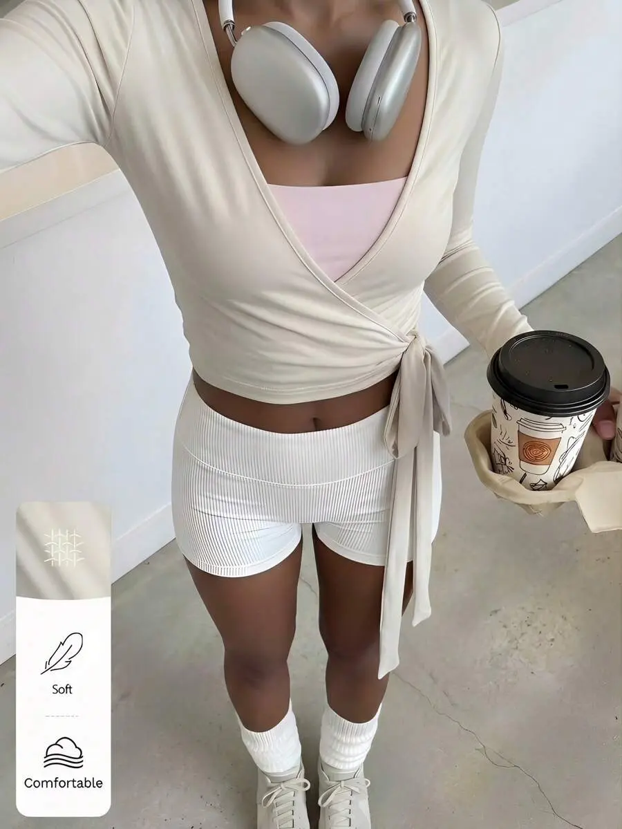 FavEase Women's Light Beige Yoga Sports Wrap Cardigan,Soft & Stretchy V-Neck Long Sleeve Cropped Fitted Tee,Summer Casual Workout Fashionable Minimalist Top
