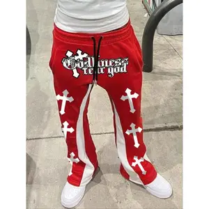 Men's Cross & Letter Print Drawstring Waist Flare Leg Sweatpants, Street Fashion Casual Regular Fit Pocket Trousers for Daily Wear, Men's Bottoms for All Seasons