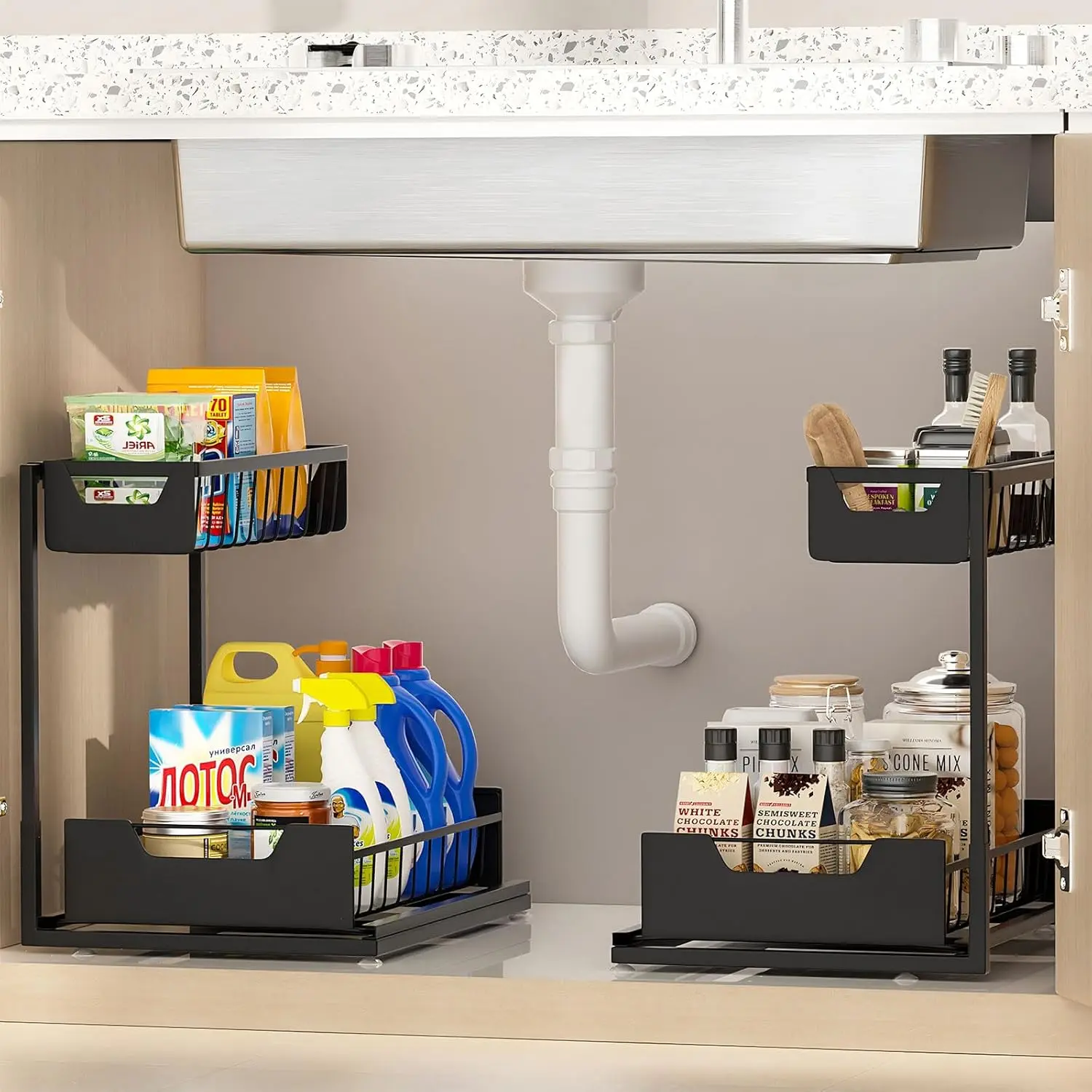 2-Pack Sturdy Iron L-Shaped 2-Tier Pull-Out Under Cabinet Organizer, 11in High Shelves, Wipe Clean, Easy to Assemble with Included Suction Cups for Kitchen, Bathroom