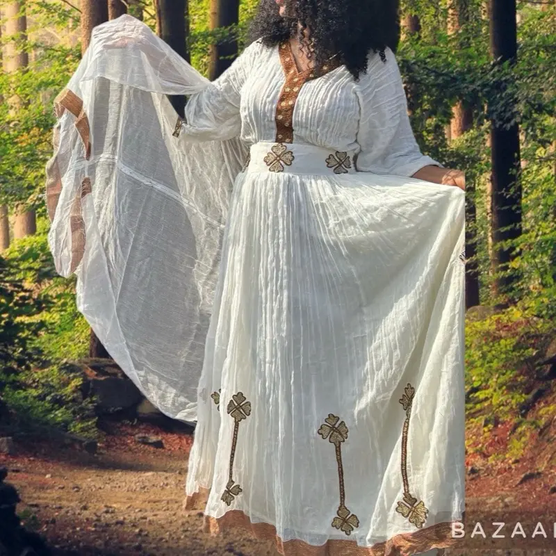 dress ethiopian beautiful Habesha Dress with Blue Tibeb – Handwoven Ethiopian Traditional Dress main image 0