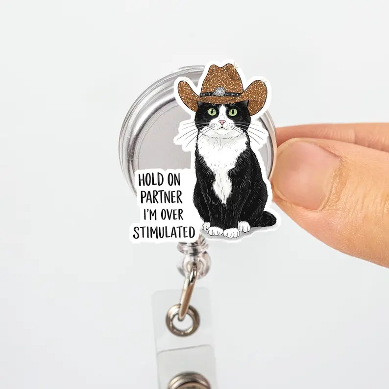 Cowboy Tuxedo Cat Badge Reel, Funny Nurse Badge Holder, Overstimulated Cat ID Reel, Cute Retractable Badge, Tuxedo Cat Gift for Coworker