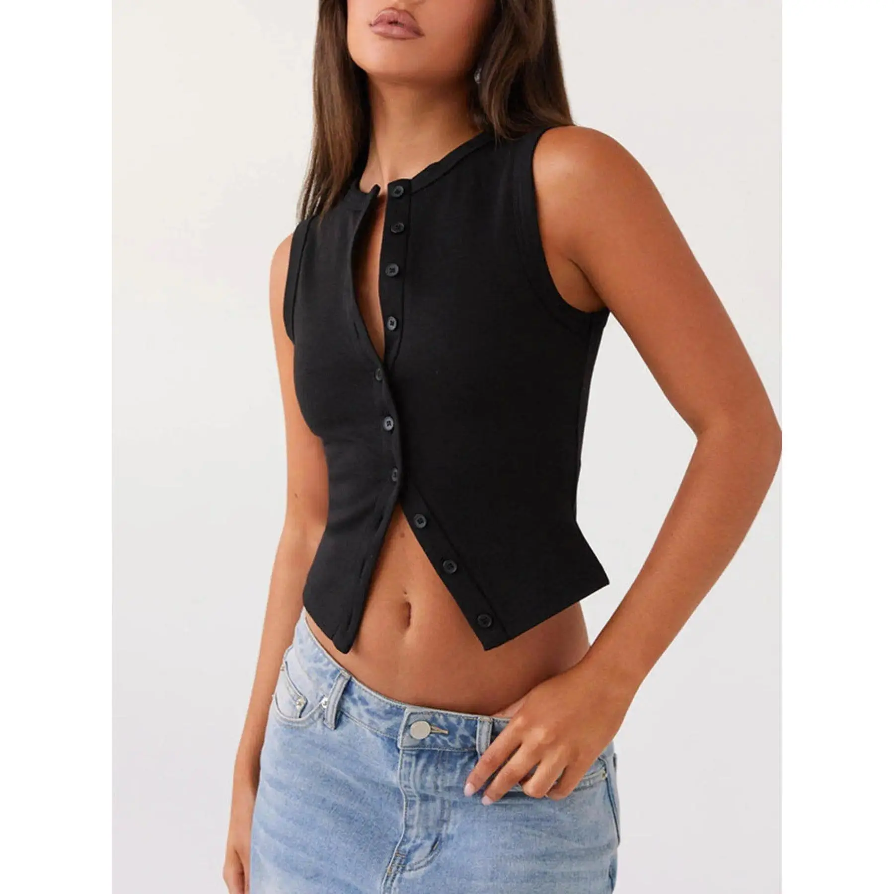 Women's Plain Button Front Ribbed Tank Top, Casual Sleeveless Round Neck Top for Daily Wear, Ladies Clothes for All Seasons