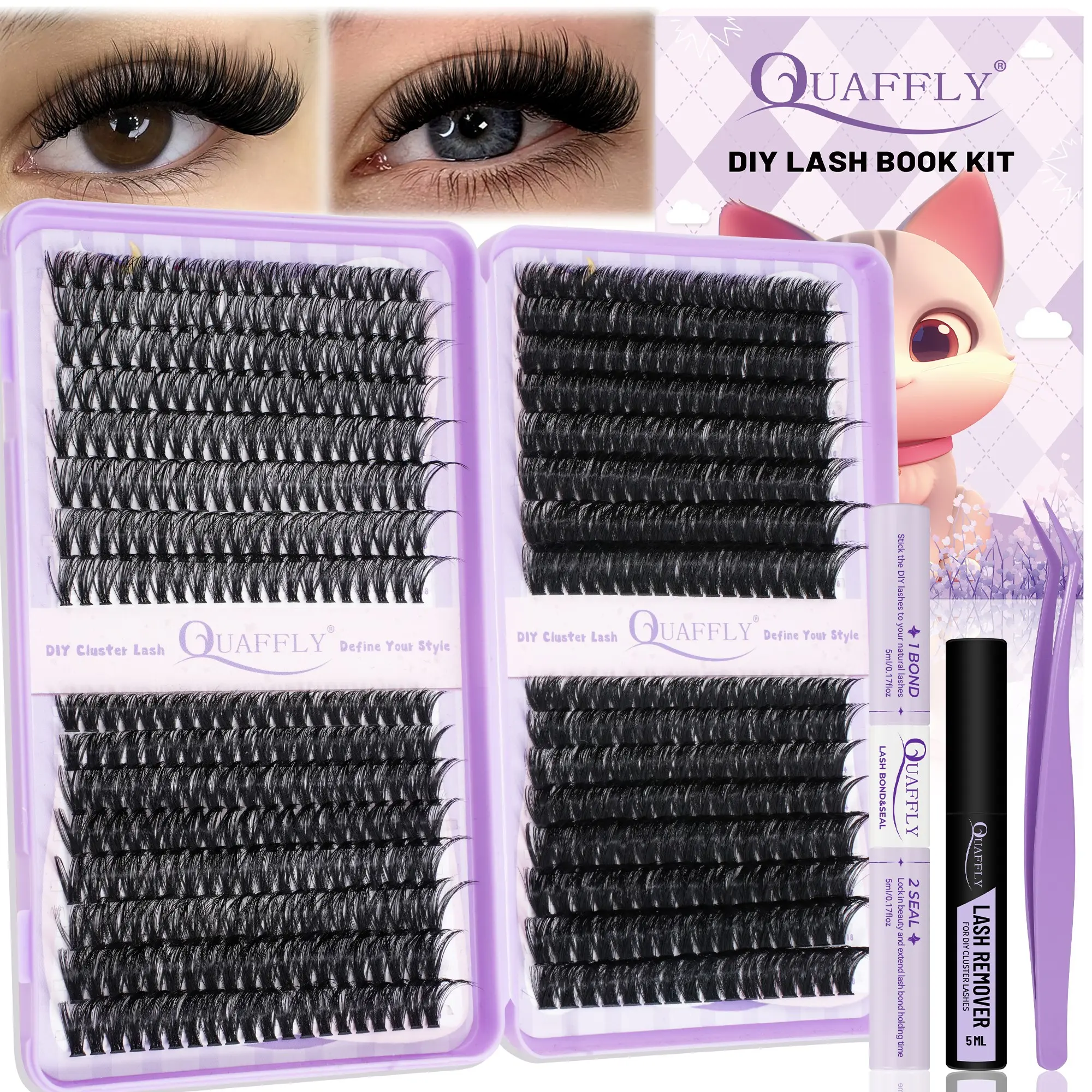 QUAFFLY Lash Clusters Kit 592Pcs, 40D+60D+80D+100D Cosmetic Eyelashes Extension Kit, DIY Individual Lash Extensions with Lash Bond&Seal Remover and Tweezers 10-18mm Mix D Curl Volume Lashes for At-Home