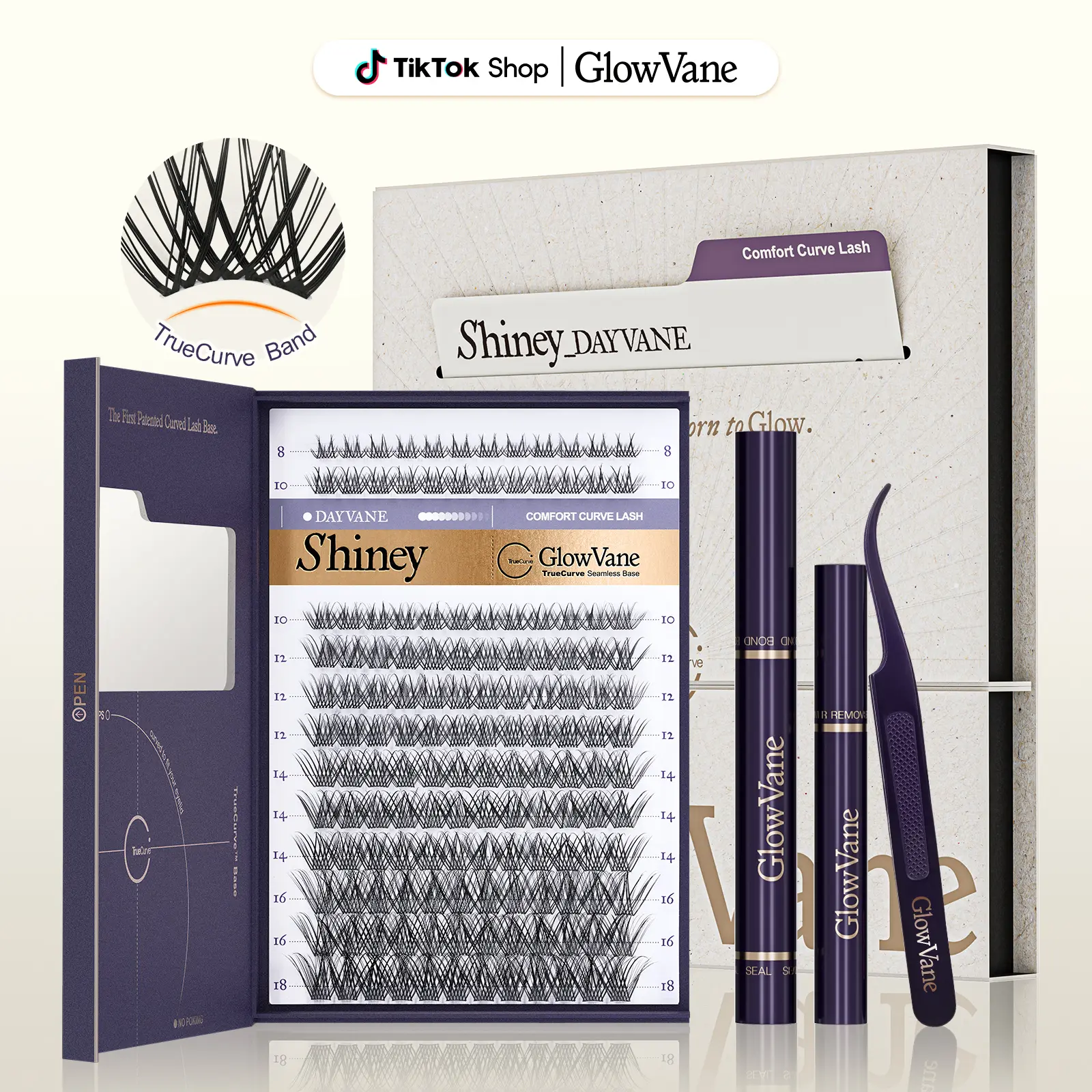 GlowVane TrueCurve Lash Clusters Kit 0.03mm Invisible Curved Band Soft Lightweight Rich Girl Lashes 8-18mm DD Curl DIY Lash Extensions for Beginners Seamless Eye Fit Zero Strain