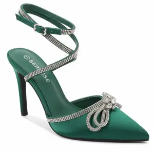Berss Paris Green High Heels with Rhinestone Bow and Satin Finish for Elegant Occasions