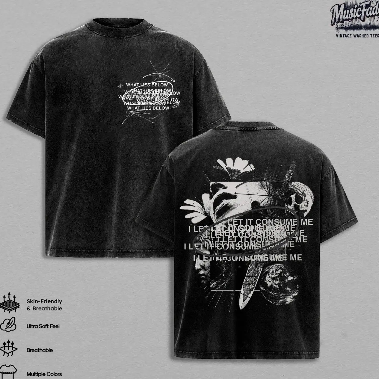 What Lies Below Tour Merchandise 2026 Washed T Shirt, Dark Abstract Graphic Tee, Gothic Streetwear Shirt, Black Vintage Distressed Tee, Alternative Aesthetic Clothing, Dark Art Inspired Design, Oversized Casual Streetwear, Fan Gift PBK