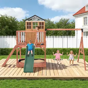 Outdoor Wooden Kids Swing Set, Multi-Functional Backyard Playset with Elevated Playhouse, Wave Slide, Belt Swings & Sandbox for Toddlers & Kids