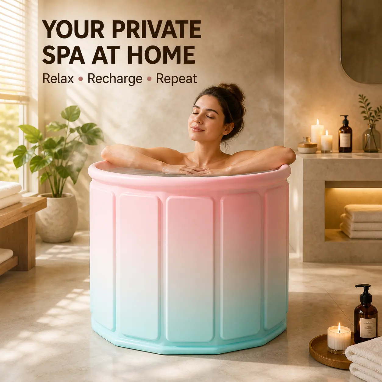 Portable Bathtub for Adults, Foldable Soaking Tub for Hot Bath & Ice Bath, 6-Layer Insulated Collapsible Home Spa, Space-Saving Indoor Outdoor Tub (25.6 × 31.5 in)