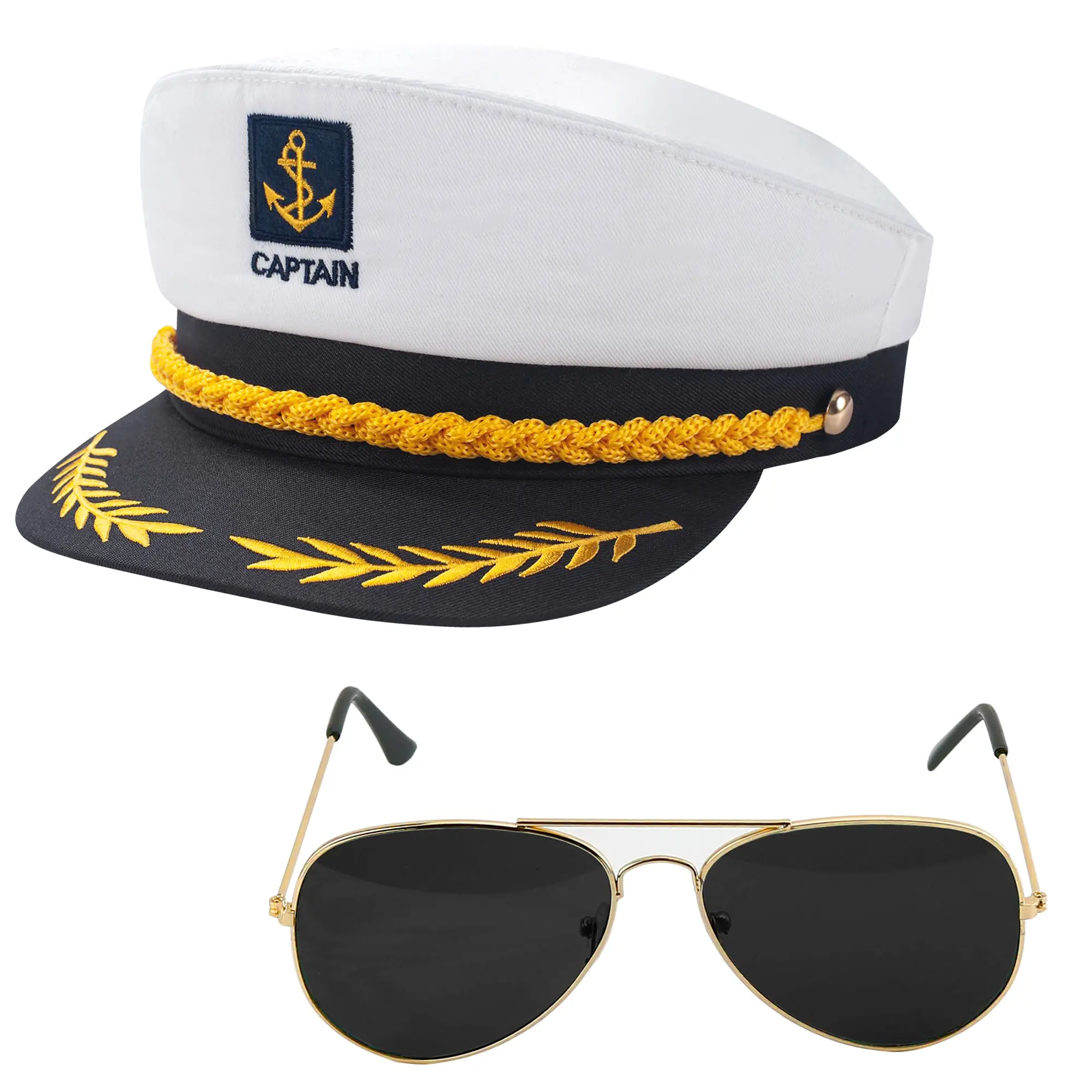 Men's Polyester-Cotton Fabric Yacht Captain Hat & Sunglasses Costume Set - Embroidered Nautical Vintage Outfit with Strap, Sailor-Style Accessory for Boating, Parties, Embroidery, Menswear