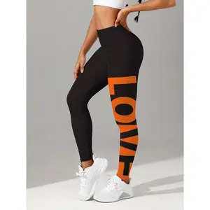 Women'S Black Printed Yoga Pants with LOVE Letters, Mid-Rise Leggings for Fitness