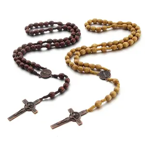 Hand-made Wooden Rosary Necklaces Cross Pendant Long Chain Christian Religious