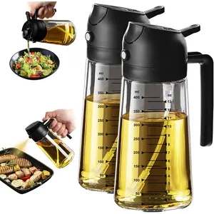 16oz/470ml Glass Olive Oil Sprayer for Cooking – 2 in 1 Olive Oil Dispenser Bottle for Kitchen Gadgets and Air Fryer Accessories, Salad, BBQ - Black