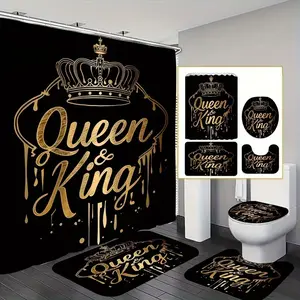 1/4pcs Gold Crown King and Queen Pattern Shower Curtain Set, Bathroom Decoration Accessories, includes non-slip mat, U-shaped rug, toilet seat cover, for bathroom decoration. Comes with 12 shower curtain hooks