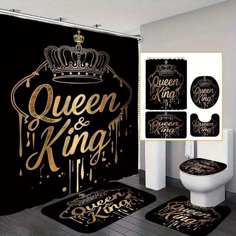 1/4pcs Gold Crown King and Queen Pattern Shower Curtain Set, Bathroom Decoration Accessories, Bathroom Accessory, includes non-slip mat, U-shaped rug, toilet seat cover, for bathroom decoration. Comes with 12 shower curtain hooks