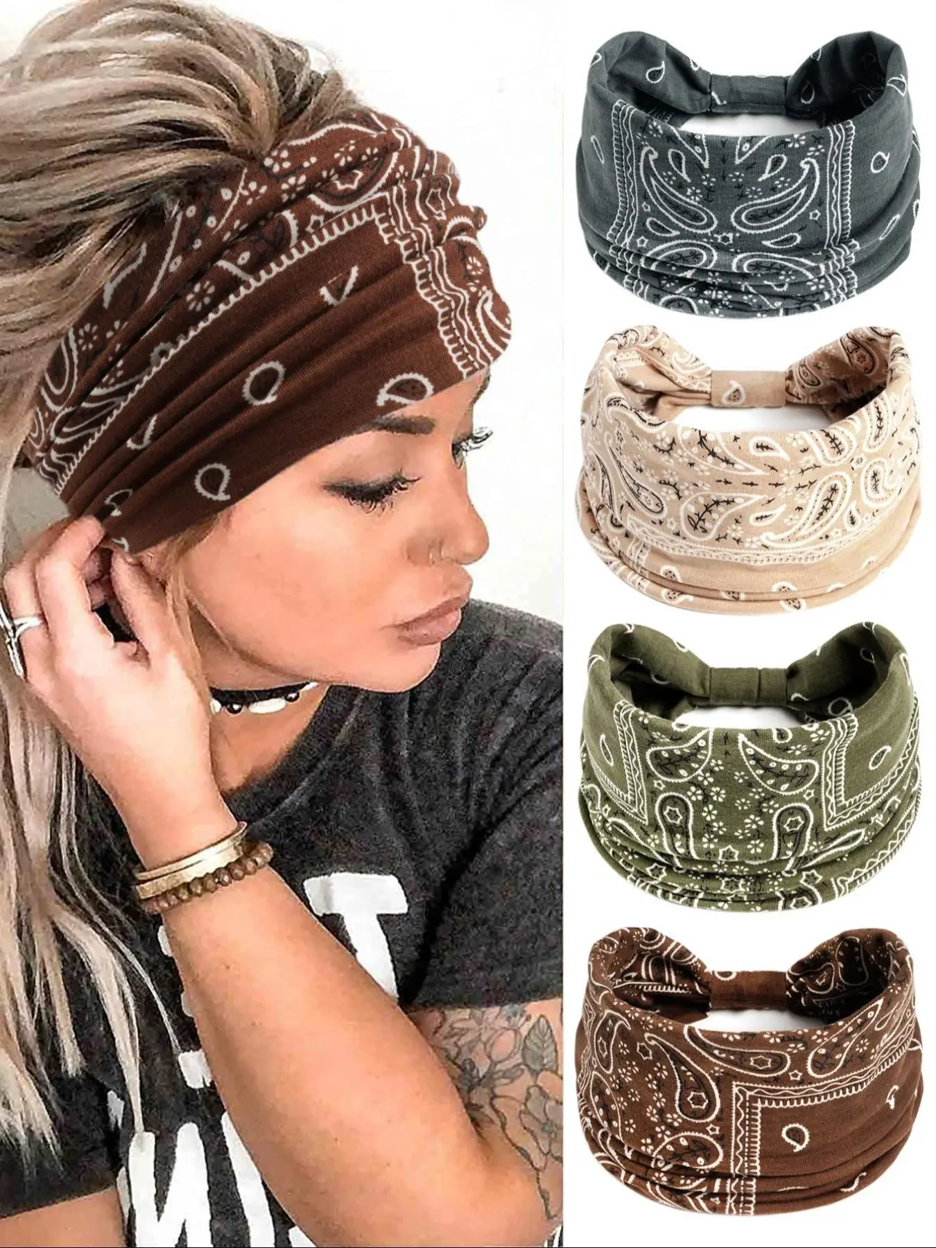 4pcs Paisley Pattern Knot Design Hair Band, Boho Wide Elastic Hair Band for Gym Workout, Hair Accessories for Yoga Wear, Dance, Mothers Day Gift Ideas