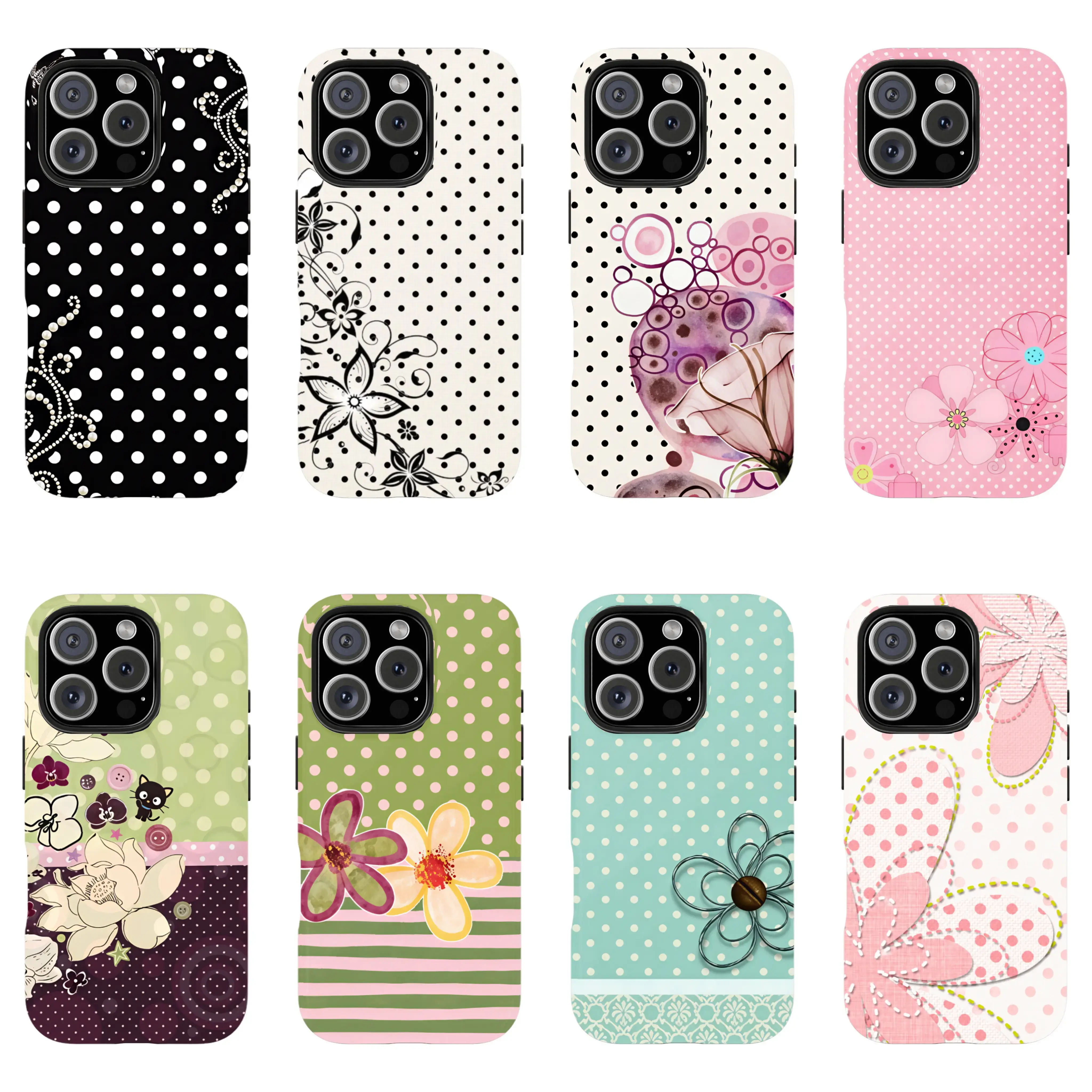 Polka dot phone case, cute Y2K art style, kawaii floral pattern, Heavy Duty Shockproof Protection Tough Phone Case Cover For iPhone 17 16 15 14 13 12 11 Pro Max Plus Sweet Cottagecore Nature Insect Preppy Vibe., Accessories, Smartphone
